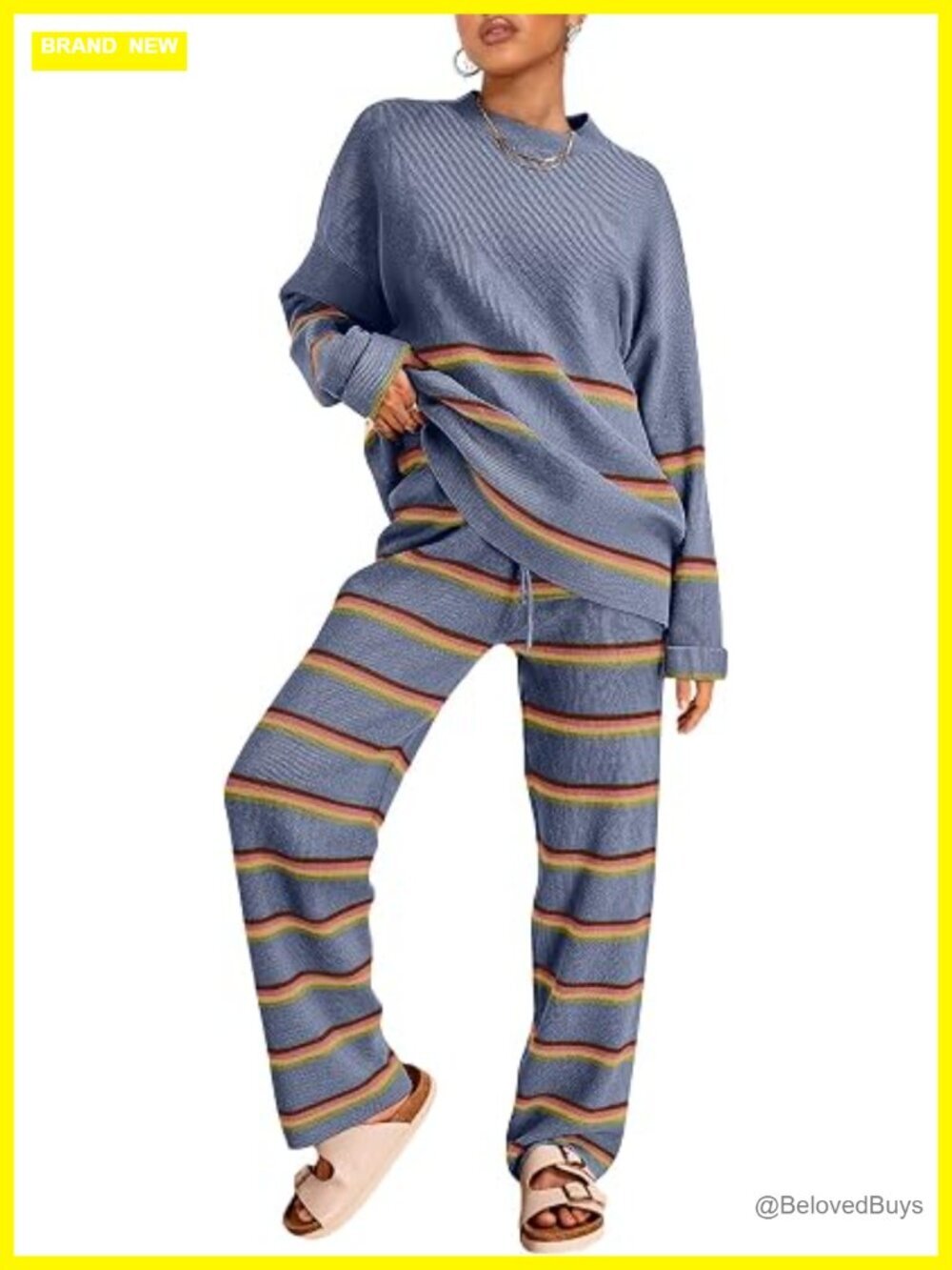 2 Piece Lounge Set Sweatsuit Striped Knit Sweater Women Fall Outfit